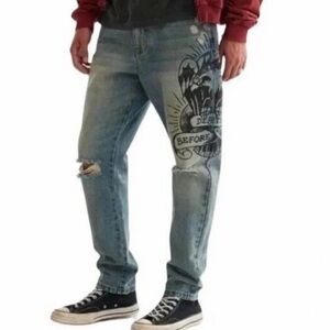 Ed Hardy Death Before Dishonor Tattoo Print Distressed Jeans Men’s Size 30 Y2K